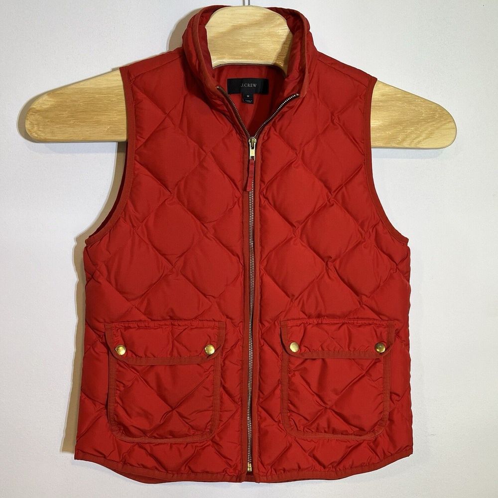 J. CREW Women's M Quilted‎ Down Puffer Excursion Vest Red Gold Buttons